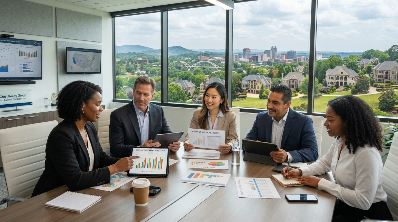 A diverse group of professionals reviewing luxury real estate market data on tablets and charts in a modern Greenville SC office with upscale homes visible through the window