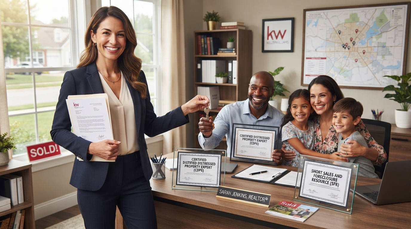 Michelle Mattison, CDPE and SFR certified real estate professional, with certification documents and a diverse client family