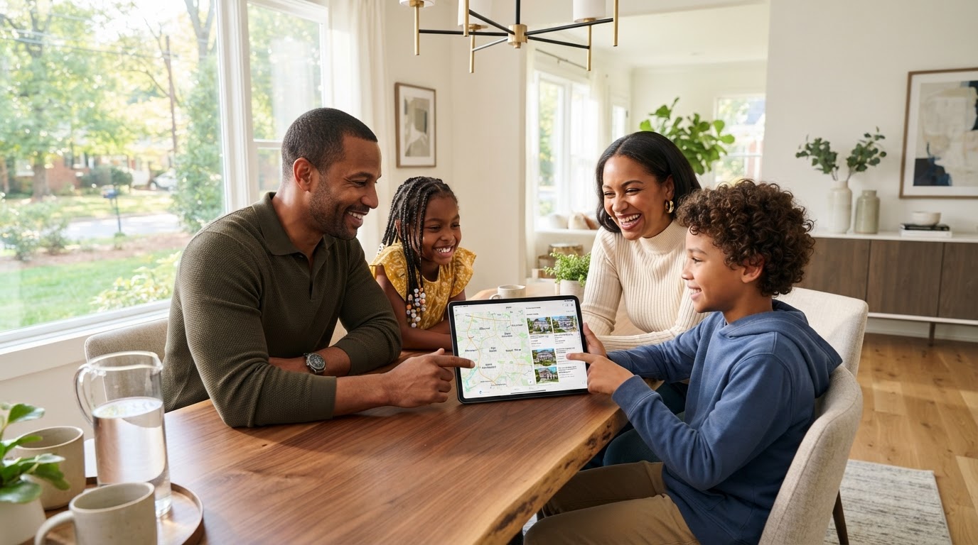 A diverse Black family of four looking at Charlotte neighborhood maps on a tablet together at a modern dining table