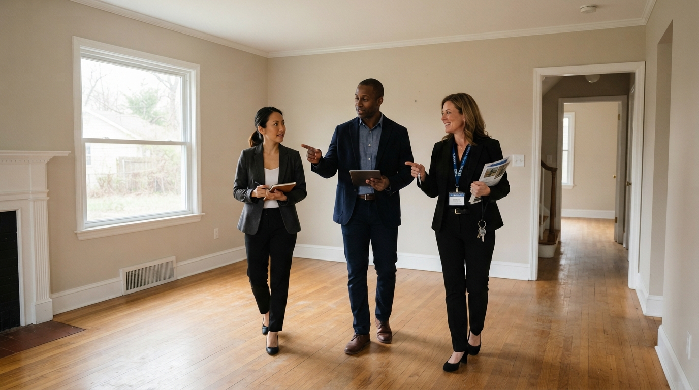 A diverse investor couple of different races touring a bank-owned foreclosure property with a real estate agent, walking through an empty home