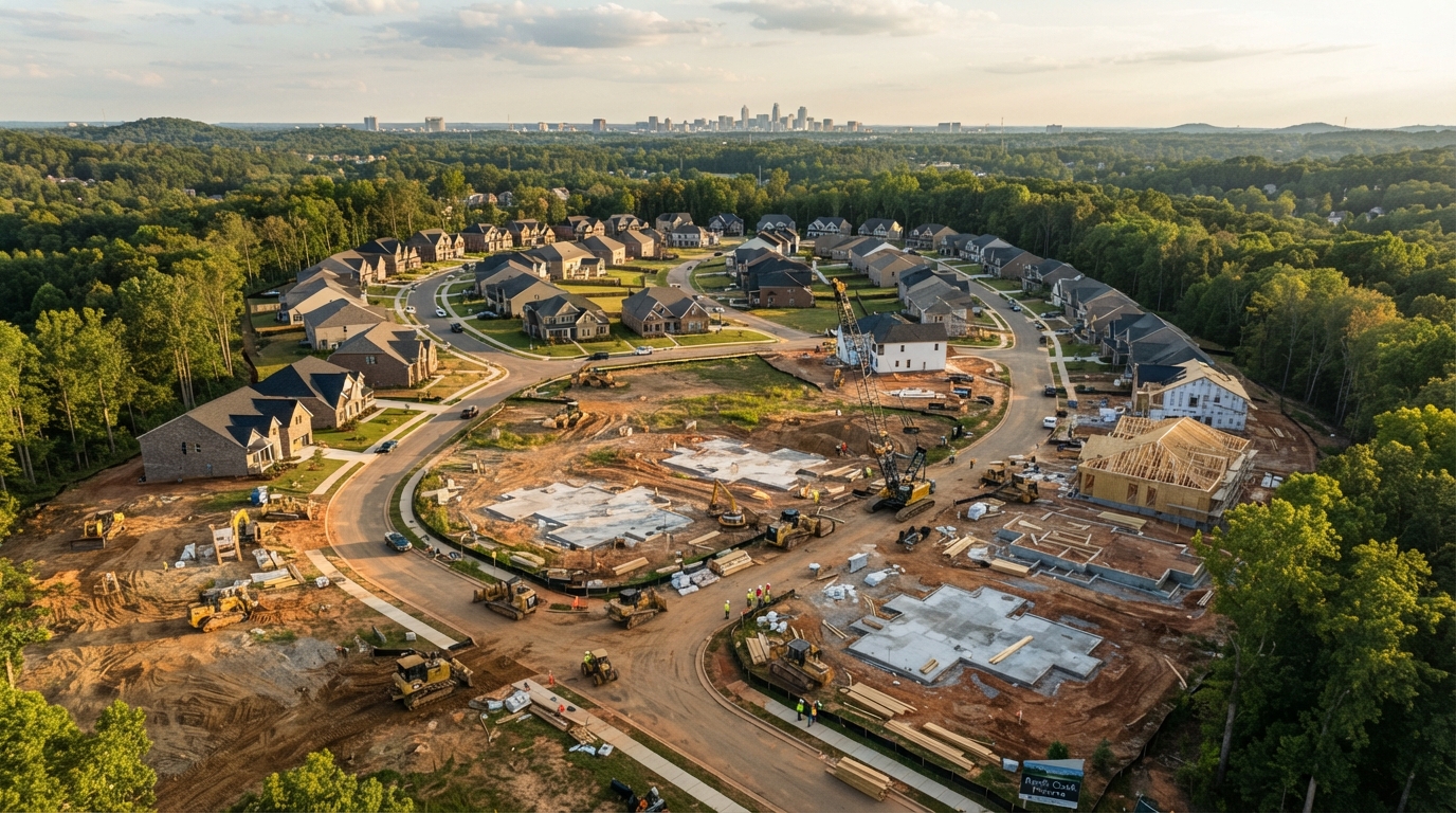 New construction homes being built in Charlotte NC area with cranes and development activity