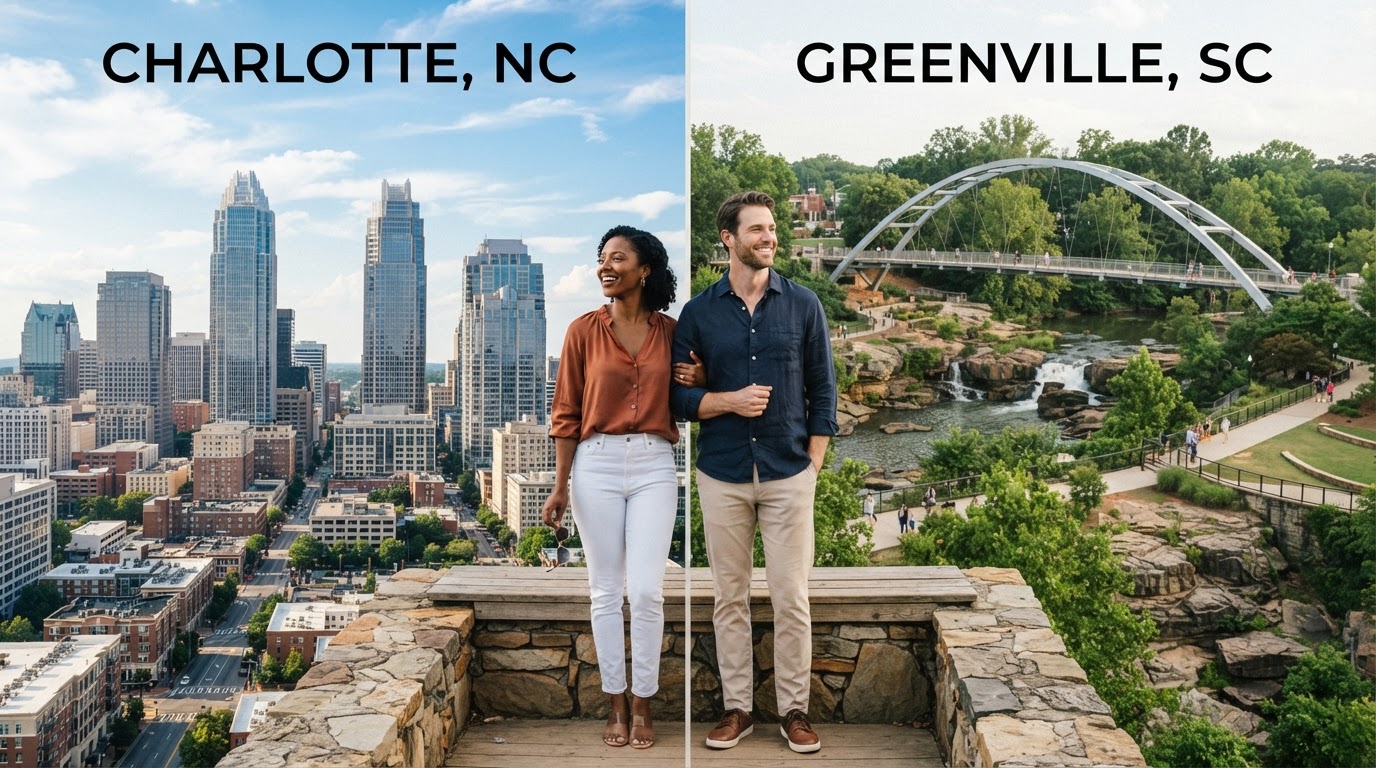 Split comparison image showing Charlotte NC skyline on the left and Greenville SC Falls Park on the Reedy on the right with a diverse couple standing in the middle looking at both cities