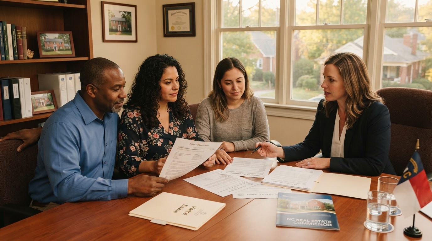 A diverse family sitting around a table with a real estate advisor reviewing probate documents for an inherited North Carolina home