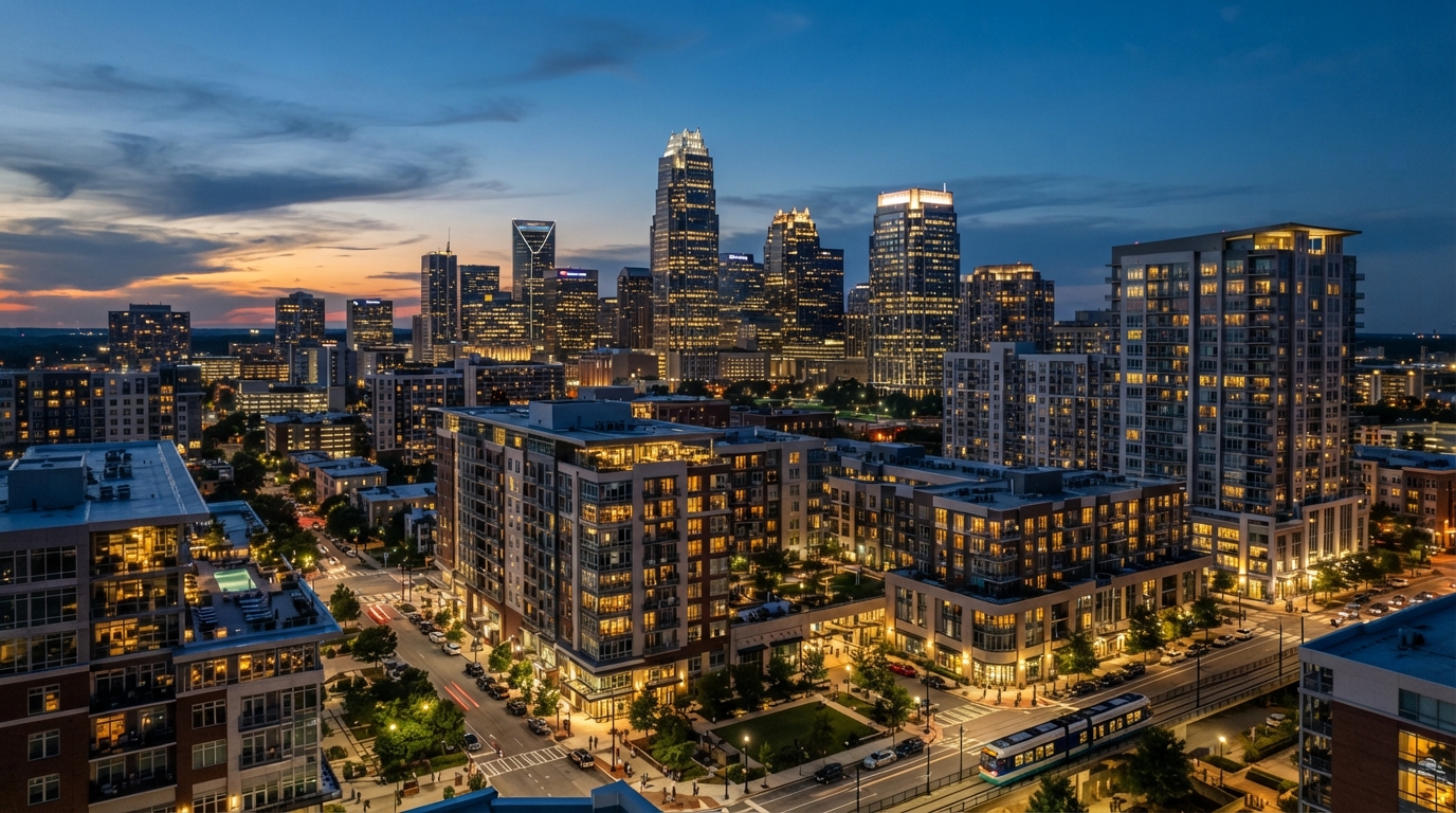 Uptown Charlotte NC skyline at dusk with modern high-rise condominium buildings