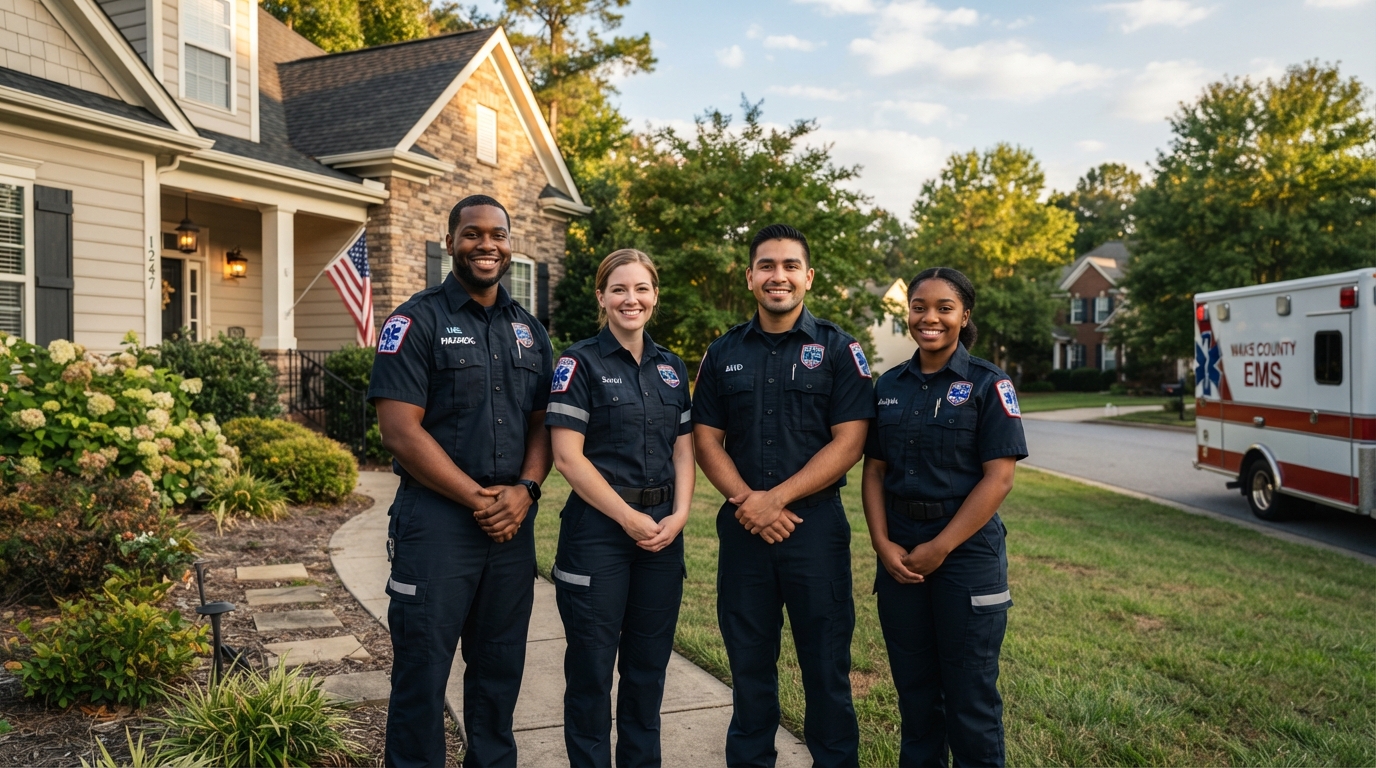 EMT paramedics in uniform standing in front of a suburban North Carolina home