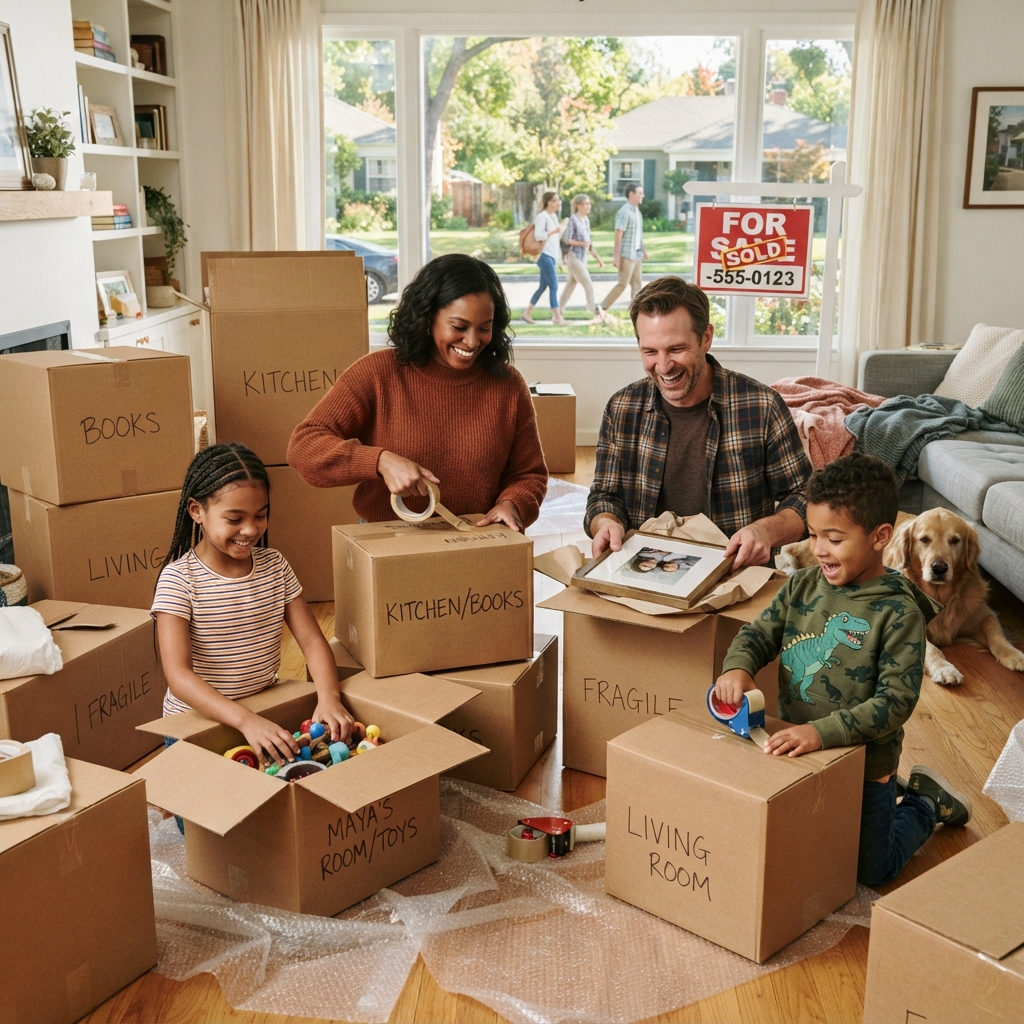 A diverse family with children packing boxes in a home during a relocation move with a For Sale sign visible through the window