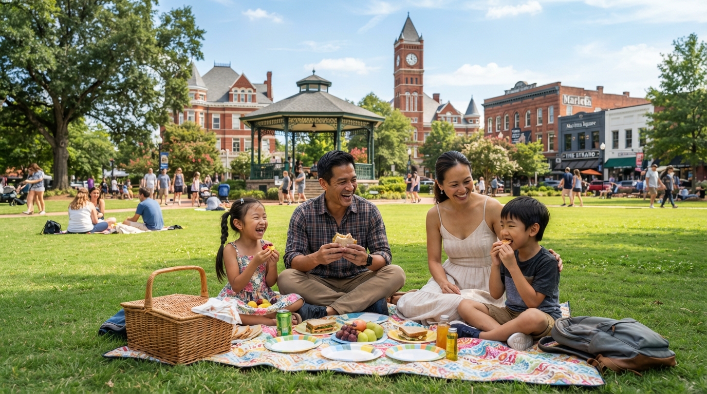 A diverse family having a picnic at a park in Marietta GA with the historic square visible
