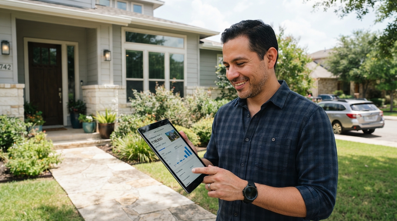 A diverse homeowner viewing an automated valuation model AVM home value estimate on a tablet while standing in front of his home