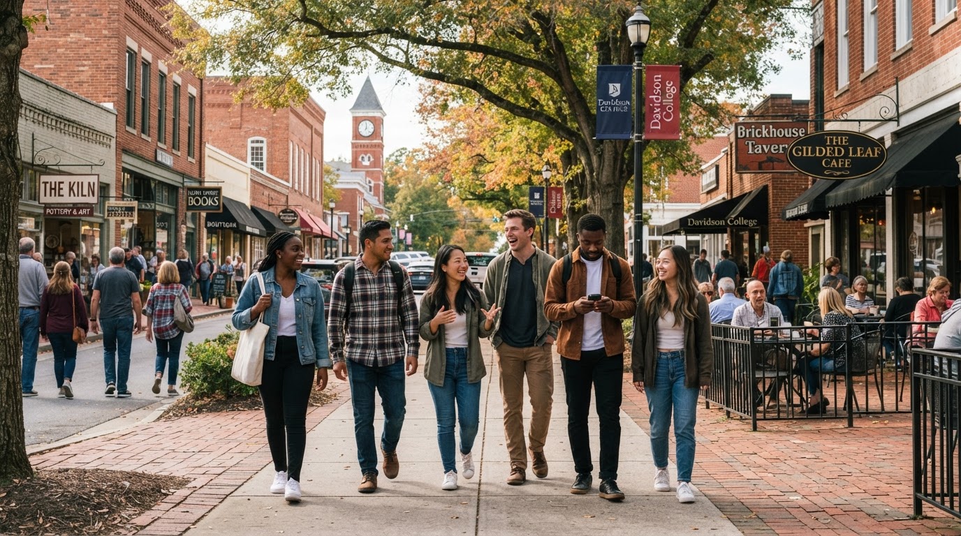 A diverse group of college students and young professionals walking through downtown Davidson NC, with charming shops, cafes, and tree-lined streets