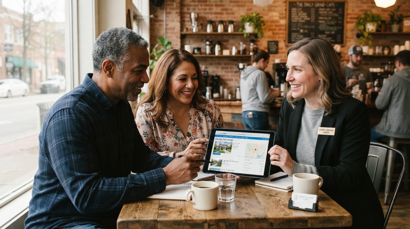 A diverse couple in their 40s reviewing Charlotte MLS listings on a tablet with a real estate agent in a coffee shop