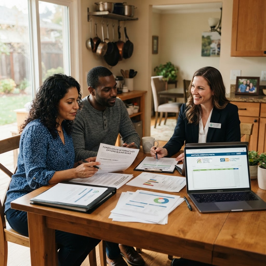 A diverse couple sitting at a kitchen table comparing foreclosure alternatives documents with a real estate advisor
