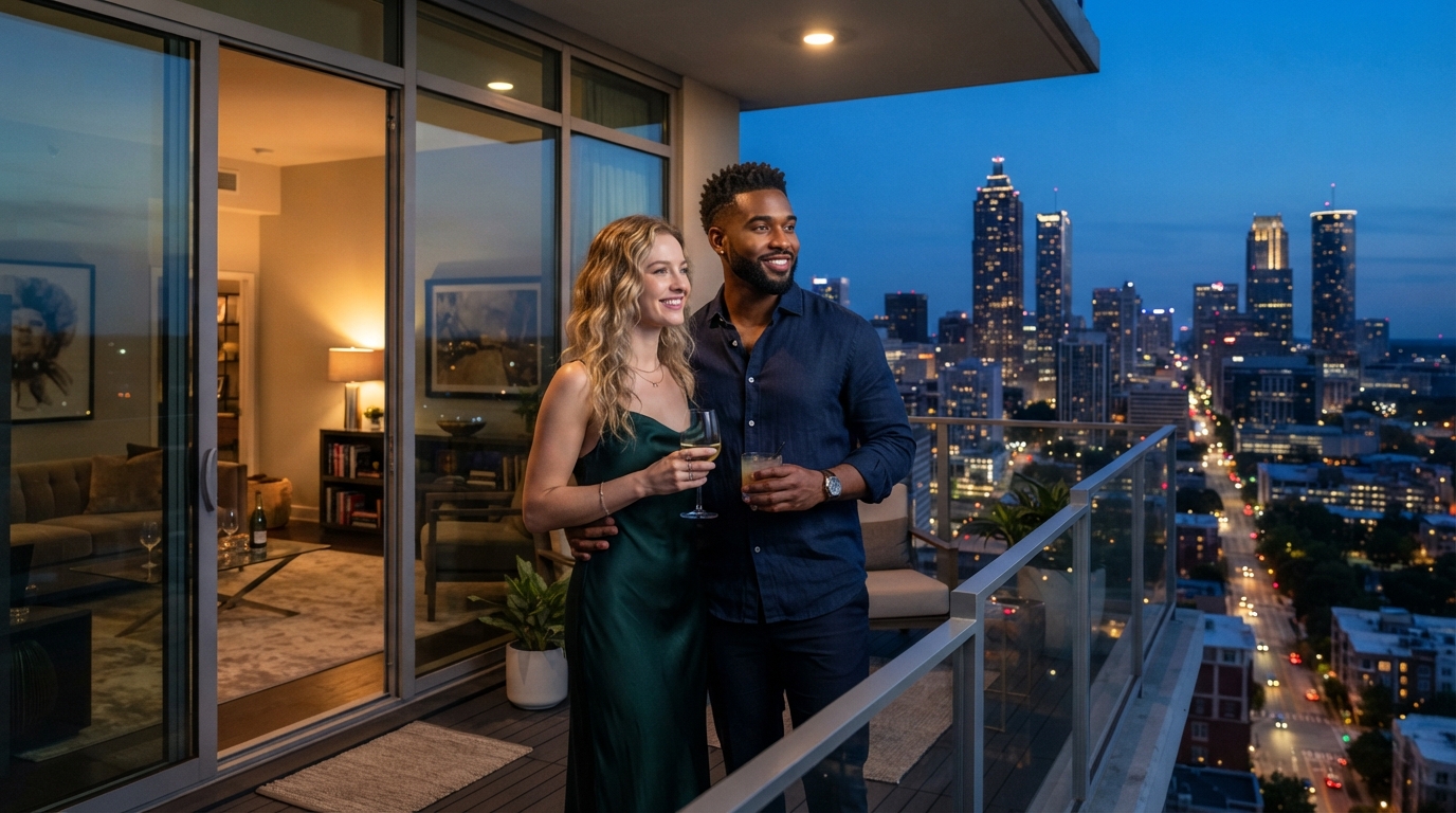 A diverse young couple standing on the balcony of a luxury high-rise condo in Atlanta GA at twilight looking over the city skyline