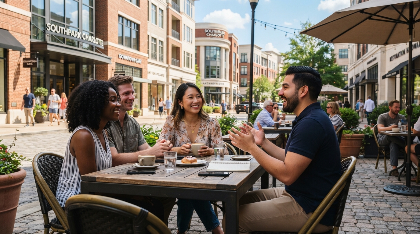A diverse group of young professionals chatting at an outdoor cafe table in SouthPark Charlotte NC with upscale retail and residential buildings in the background