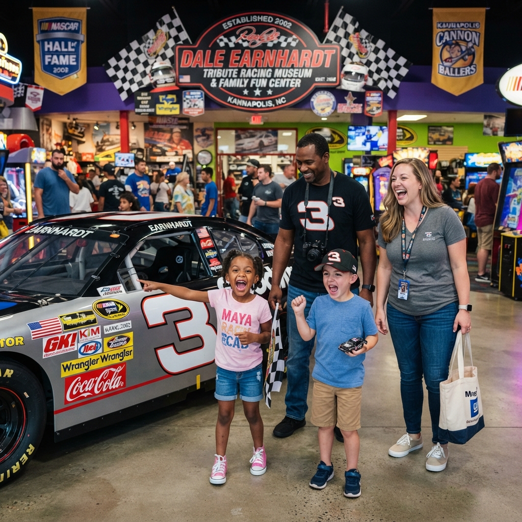 A diverse family at a Kannapolis NC racing museum and family fun center with a NASCAR theme and excited kids