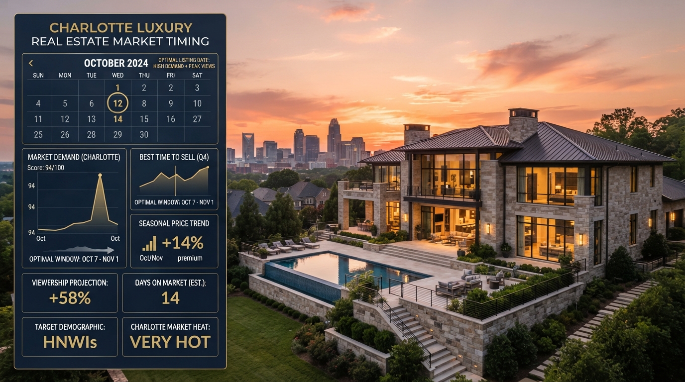 Luxury Charlotte home with calendar and market timing dashboard overlay