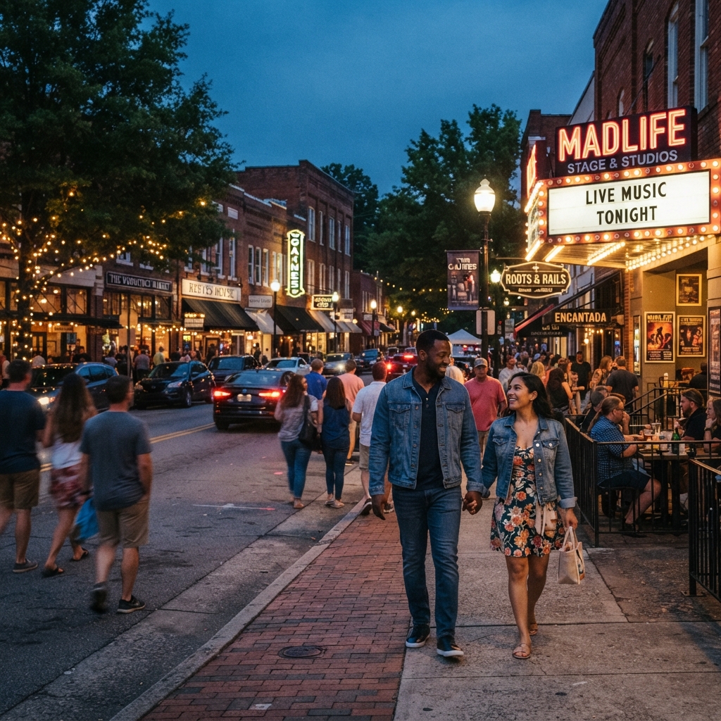 A diverse couple strolling down a vibrant Main Street in Woodstock GA with music venues and shops in evening lights