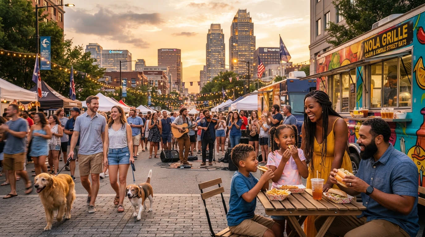 Diverse people enjoying a summer evening festival in Uptown Charlotte NC with food trucks, street musicians, and the Charlotte skyline at golden hour