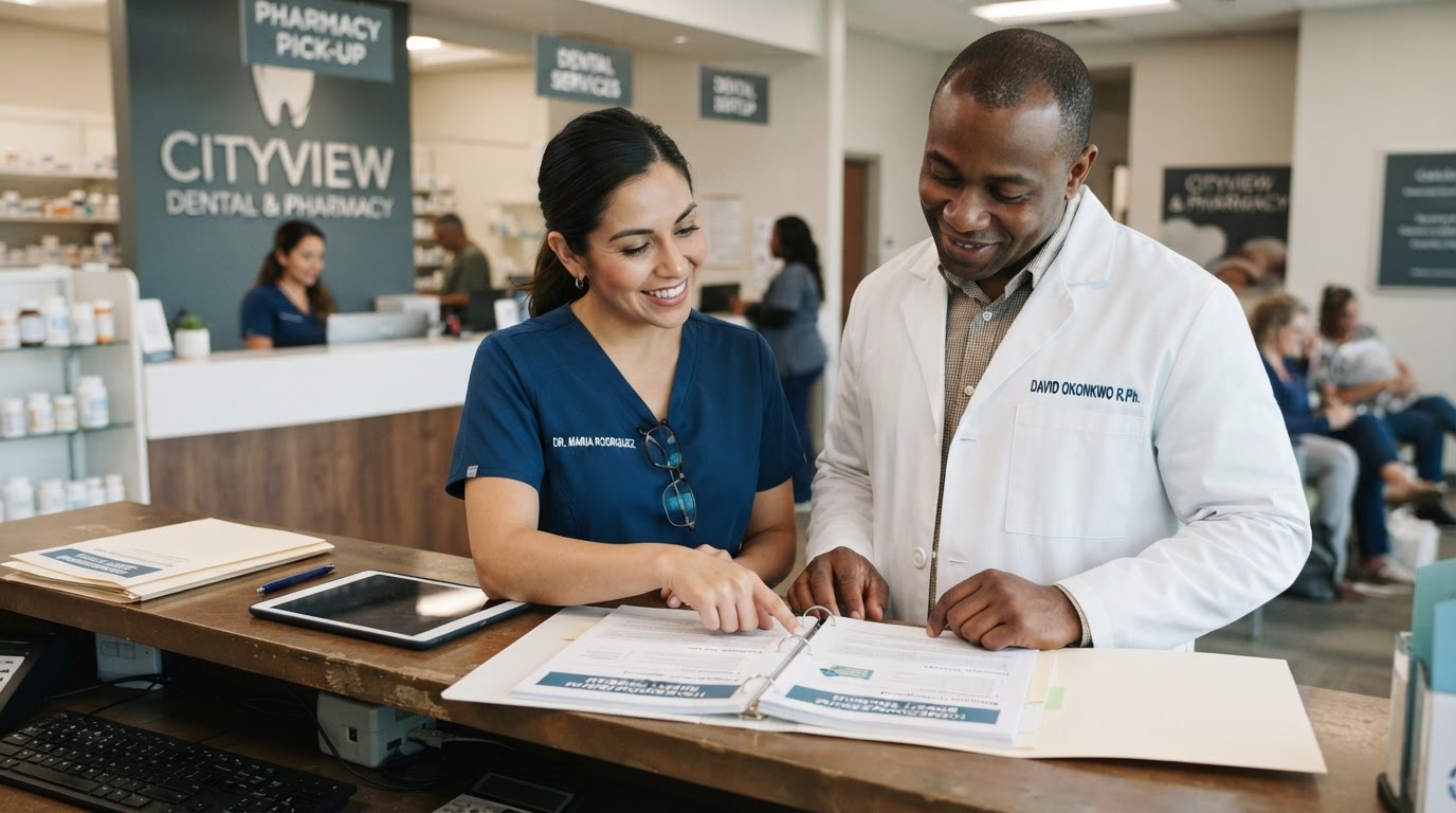 A diverse dentist and pharmacist reviewing homebuyer benefit documents at a clinic counter in a professional healthcare setting