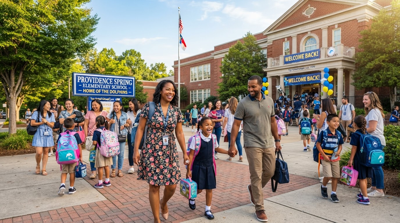 Diverse parents and children outside a top-rated school in Charlotte NC