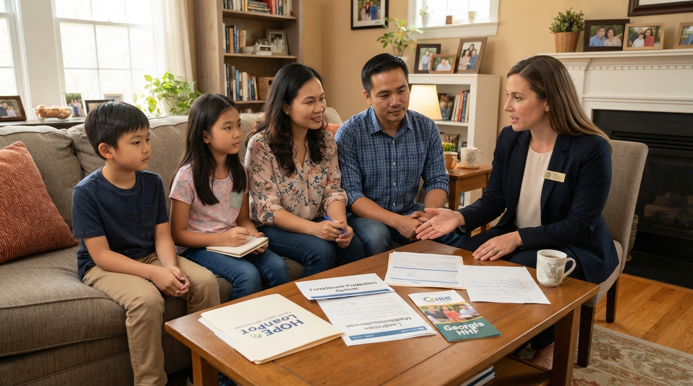 An Asian American family meeting with a real estate professional in their Georgia home living room discussing foreclosure prevention options