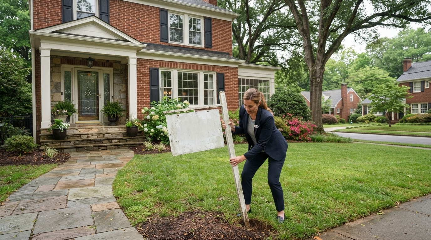A Charlotte NC home with a faded For Sale sign being removed, representing an expired listing