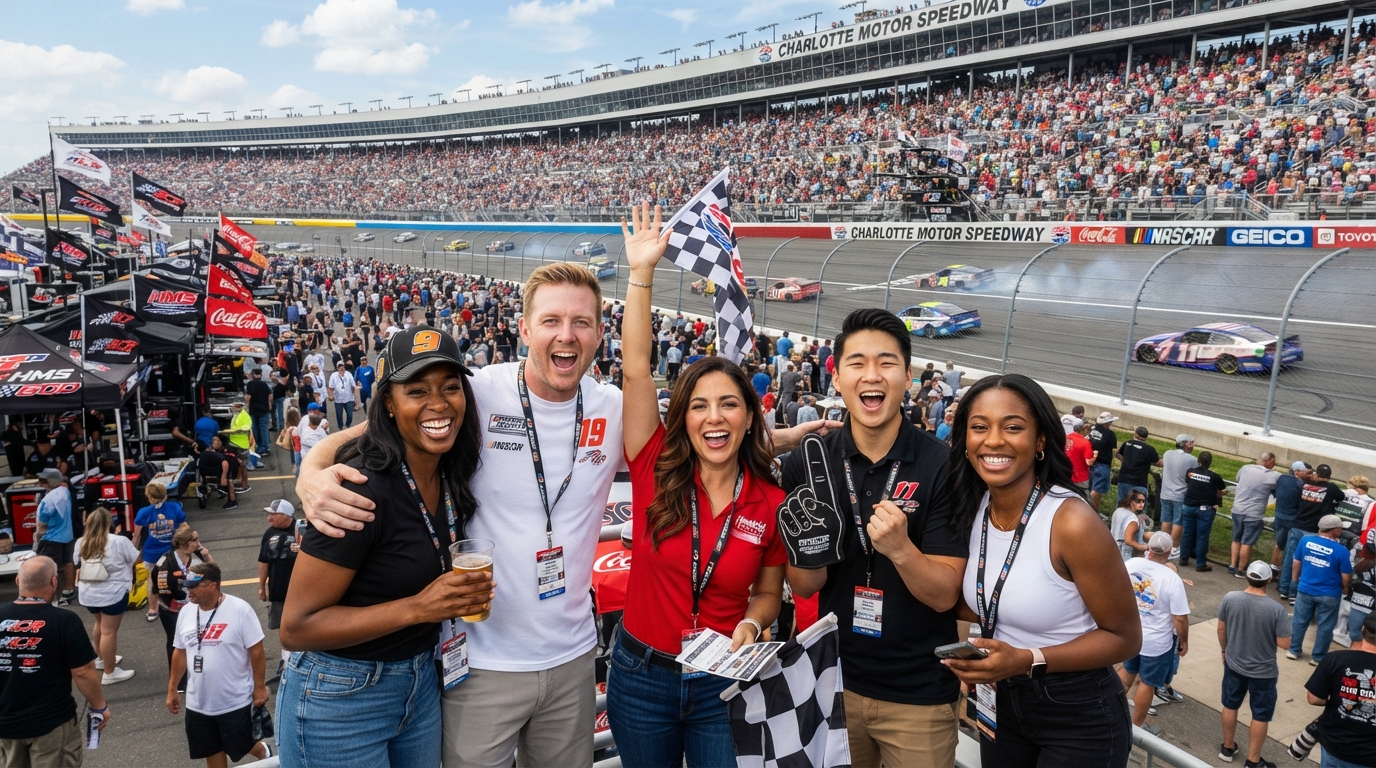 A diverse group of friends at a NASCAR-themed event in Concord NC, with race cars, fans, and the Charlotte Motor Speedway in the background