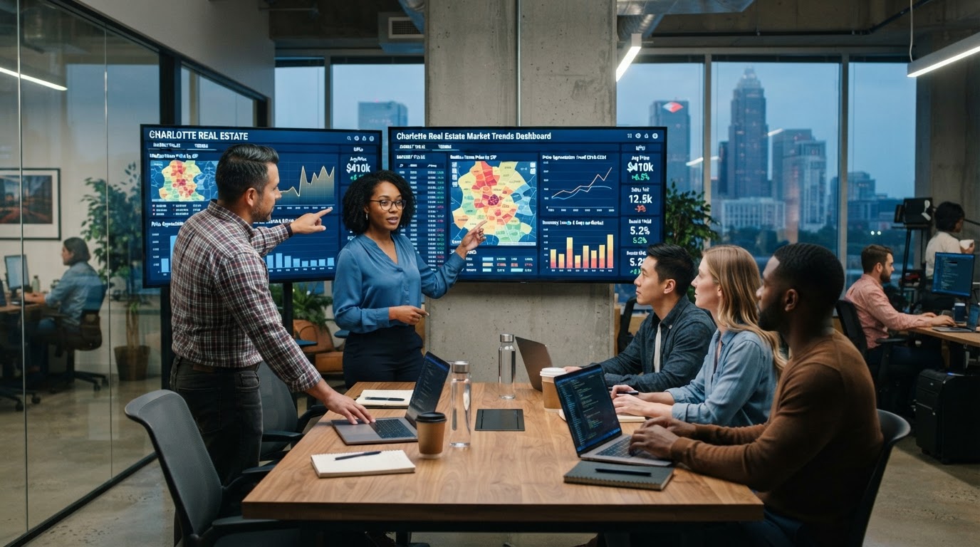 A diverse team of data analysts studying Charlotte real estate market trend dashboards on large monitors in a modern Atlanta tech office