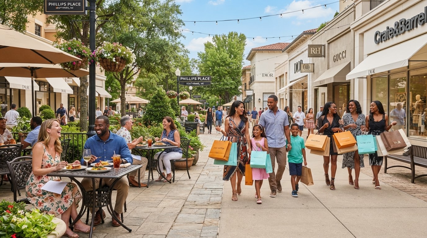 Diverse group of shoppers and diners enjoying a sunny day at an upscale outdoor shopping center in SouthPark Charlotte NC