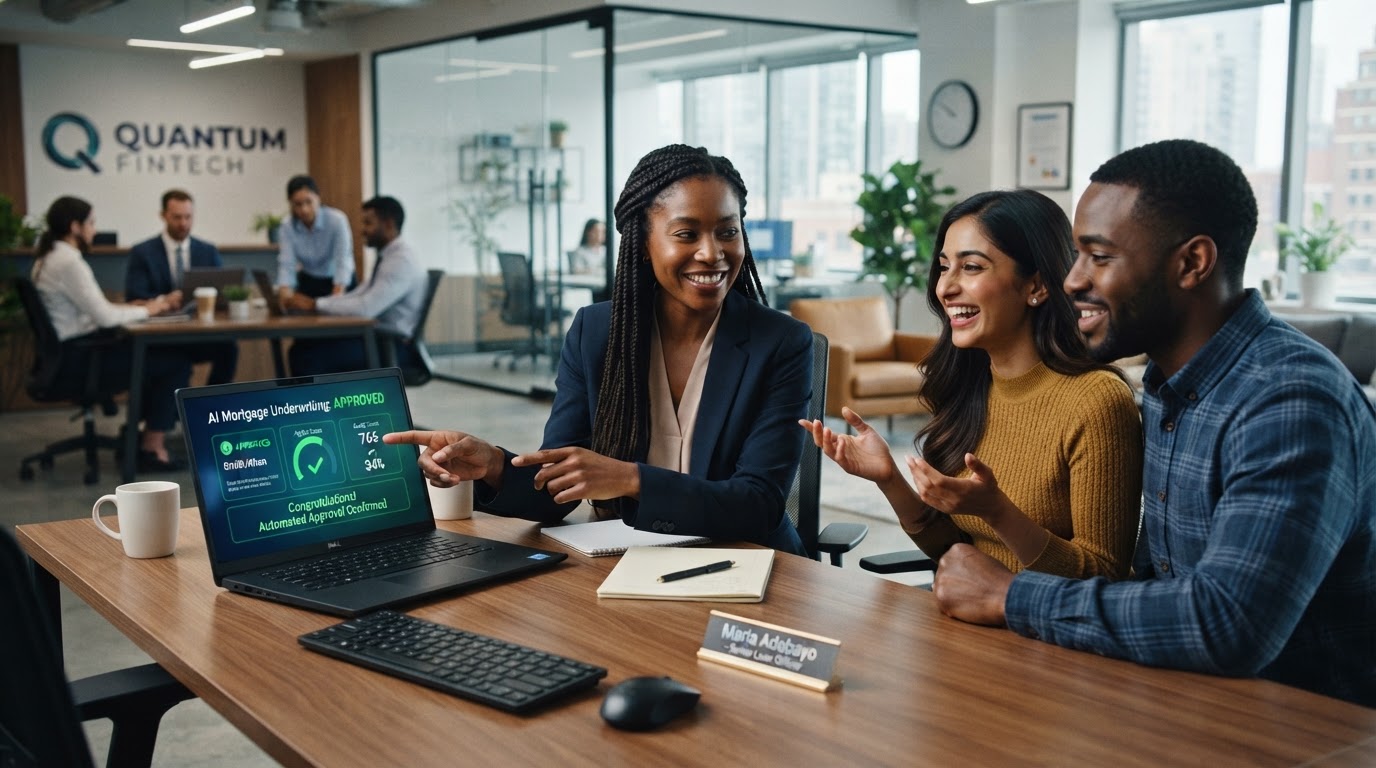 A diverse loan officer reviewing AI mortgage underwriting algorithm approval on a laptop with a diverse applicant couple