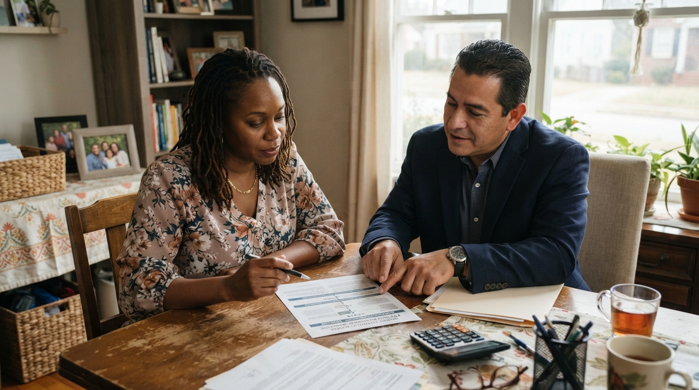A diverse Georgia homeowner reviewing a pre-foreclosure timeline document with a real estate advisor at a dining table
