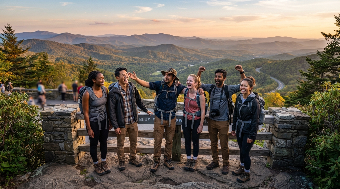 A diverse group of friends — a mix of races — standing at a scenic overlook on a weekend day trip from Charlotte NC, with rolling Blue Ridge Mountains in the background, hiking gear, and a panoramic view of the North Carolina countryside at golden hour