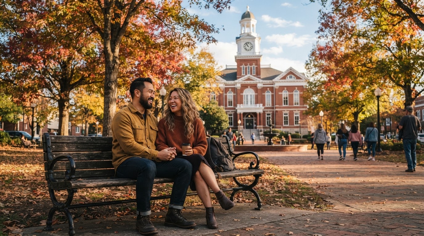 A diverse Asian American couple sitting on a park bench in Marietta GA town square with the historic courthouse and autumn leaves visible