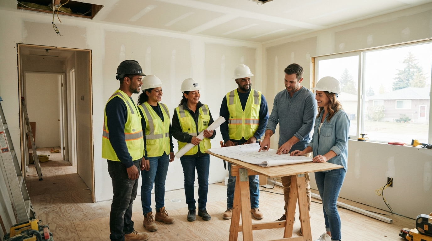 A diverse construction crew and investor couple standing in front of a partially renovated home with hard hats and blueprints