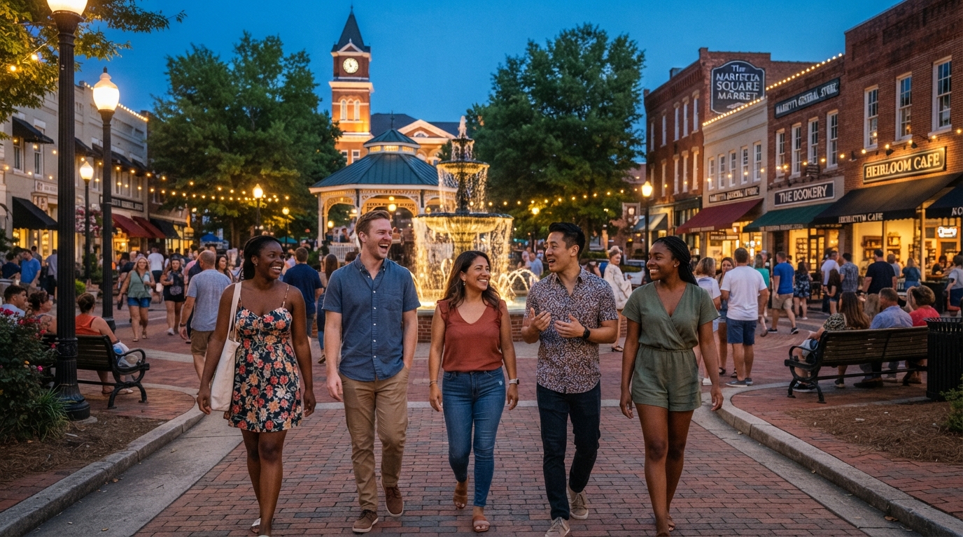 A diverse group of friends of different races strolling through Marietta GA historic square with the fountain and shops, warm evening community scene
