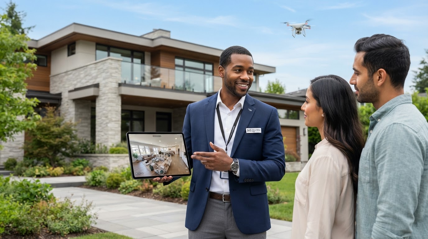 A diverse real estate agent holding a tablet showing a 3D Matterport virtual tour of a home with a drone visible in the background