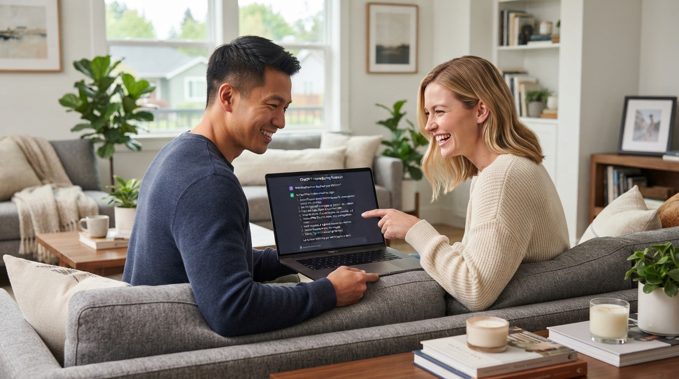 A diverse couple using ChatGPT on a laptop to research home buying in a modern living room with AI generative interface visible on screen