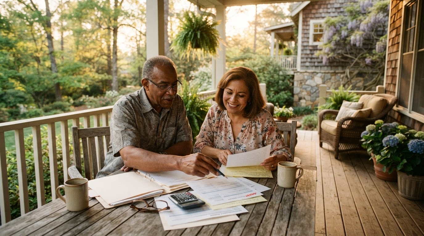 A diverse retired couple relaxing on a porch of their Carolina home reviewing financial documents