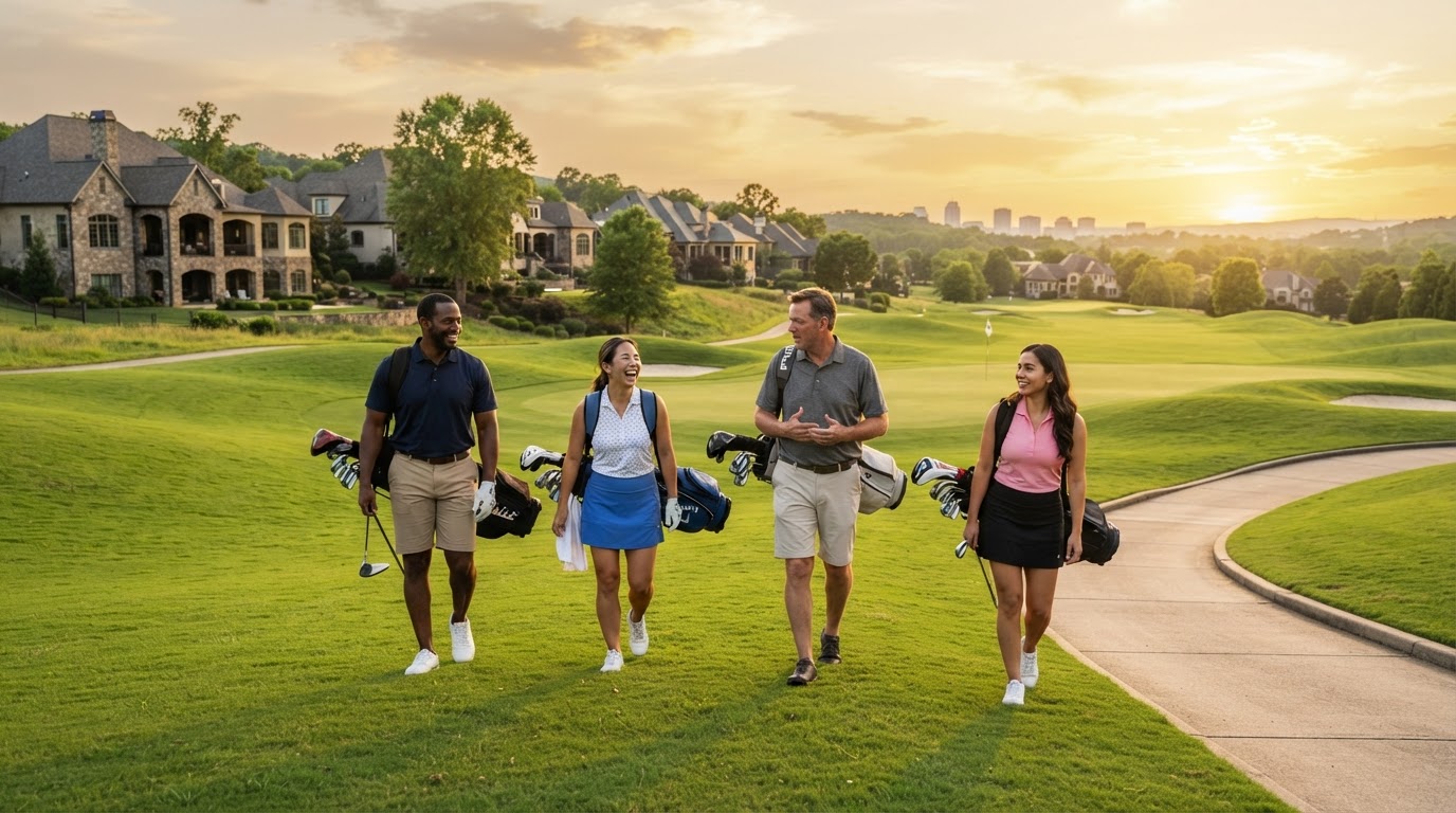 A diverse group of four golfers of different ethnicities walking with golf clubs on a lush green golf course in Charlotte NC at golden hour with upscale community homes in the background