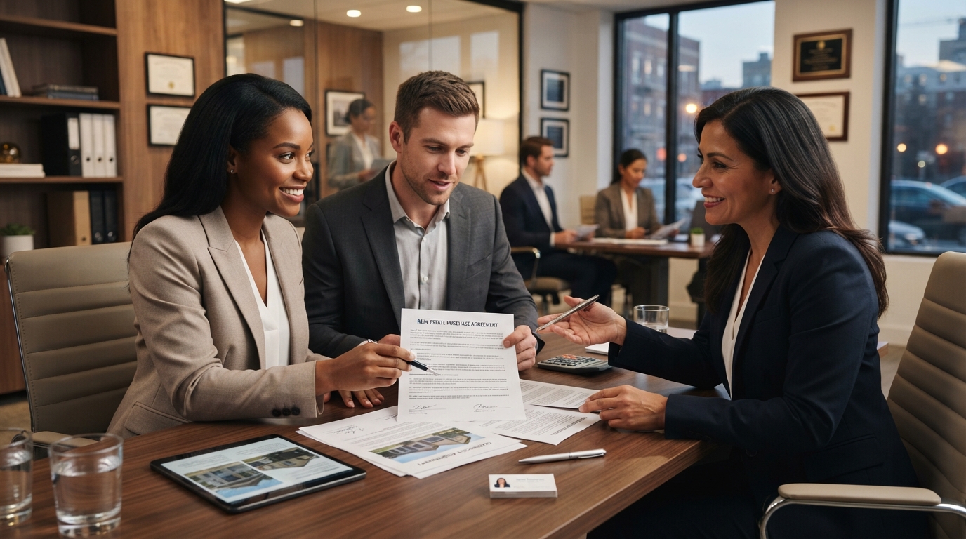 Diverse couple meeting with a real estate agent reviewing commission documents and contract papers at a desk