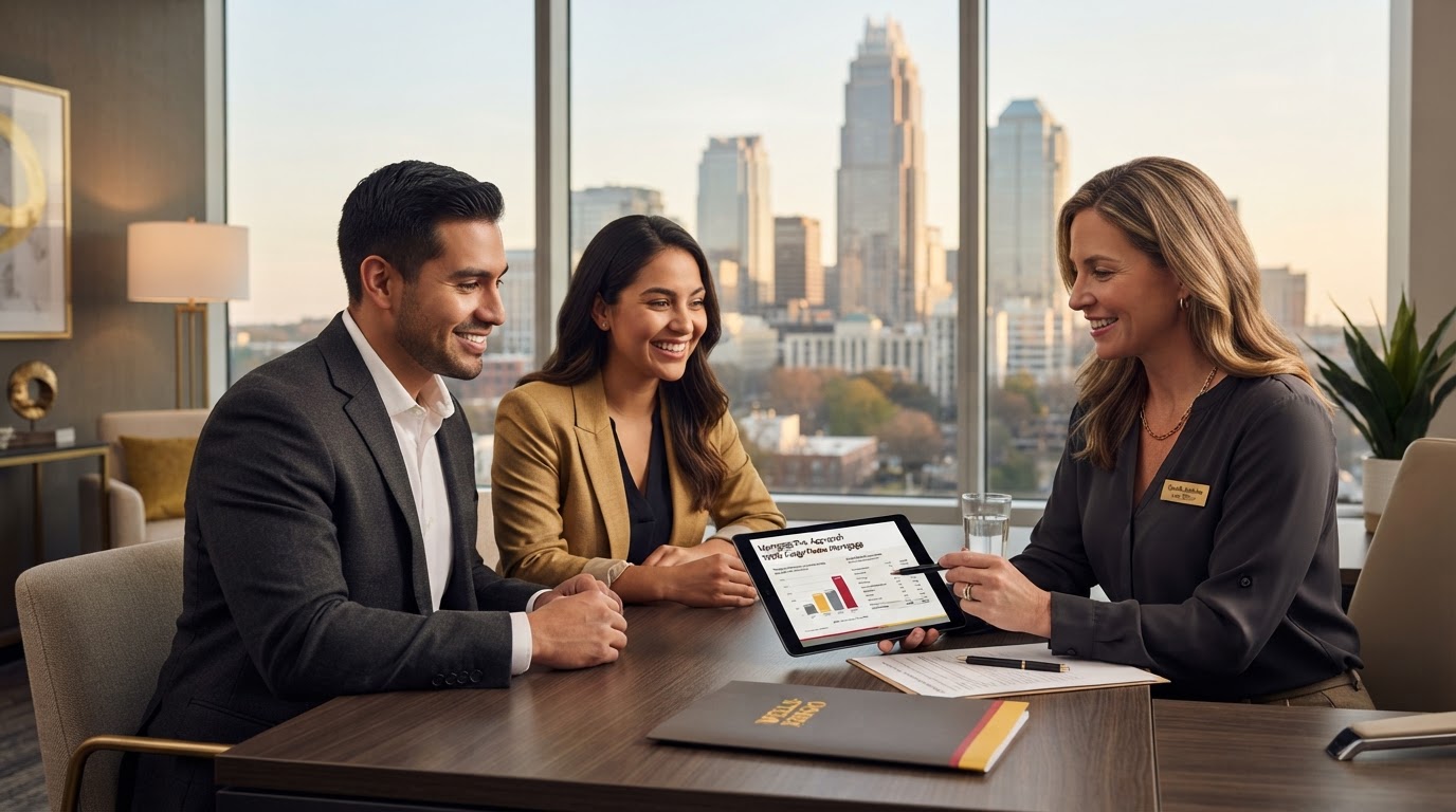 A Hispanic couple reviewing mortgage pre-approval documents with a loan officer at a modern office with Charlotte skyline visible