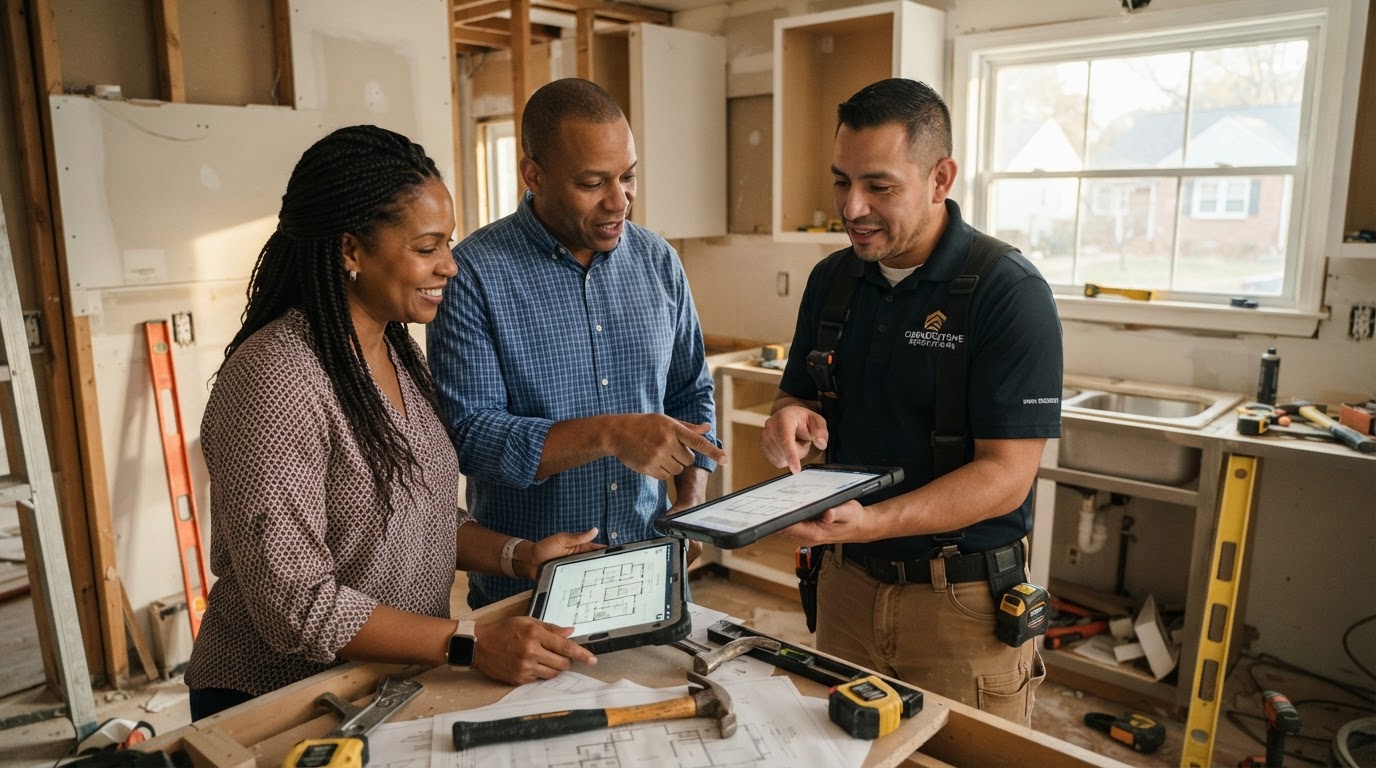 A diverse group of homeowners and a contractor reviewing renovation plans on a tablet in a Charlotte kitchen mid-renovation