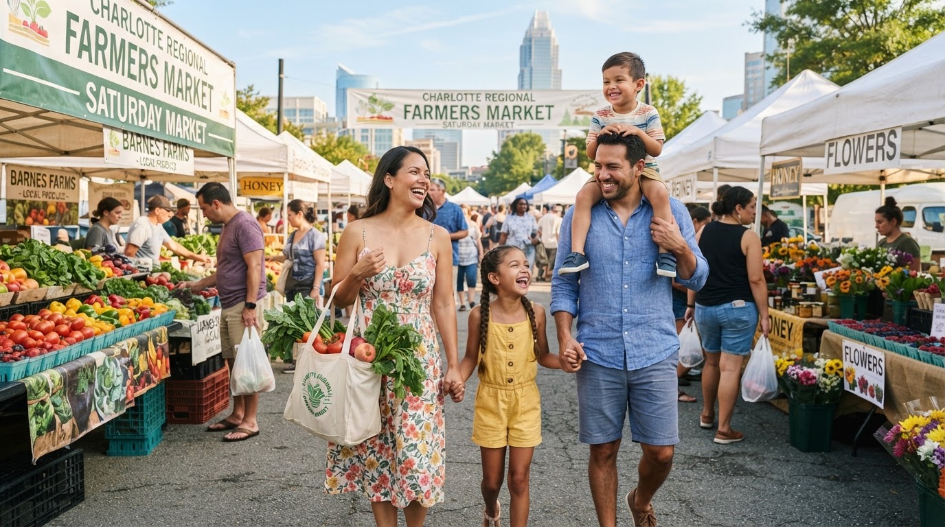 A diverse Hispanic family with two children walking through a Charlotte NC farmers market with colorful produce stalls
