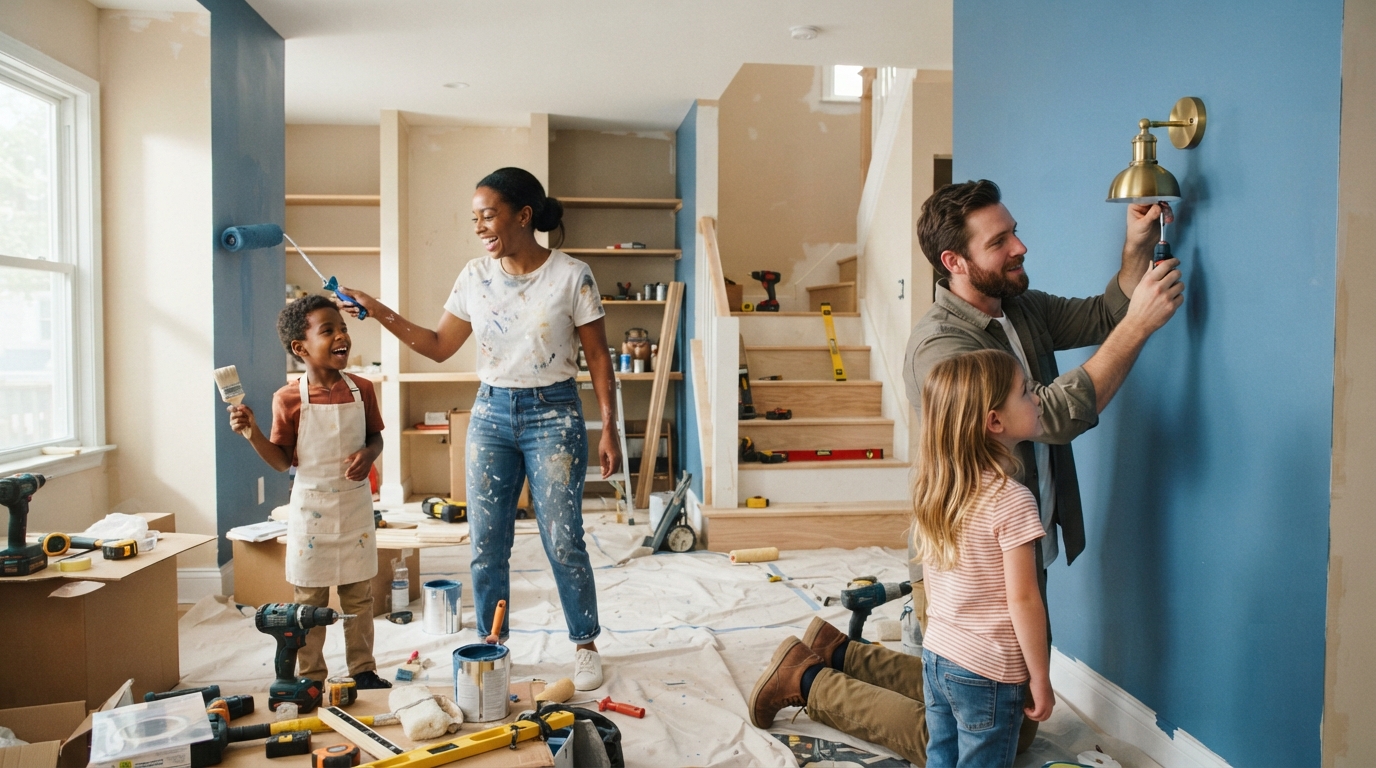 A diverse family doing home renovation projects together painting walls and installing fixtures to build home equity