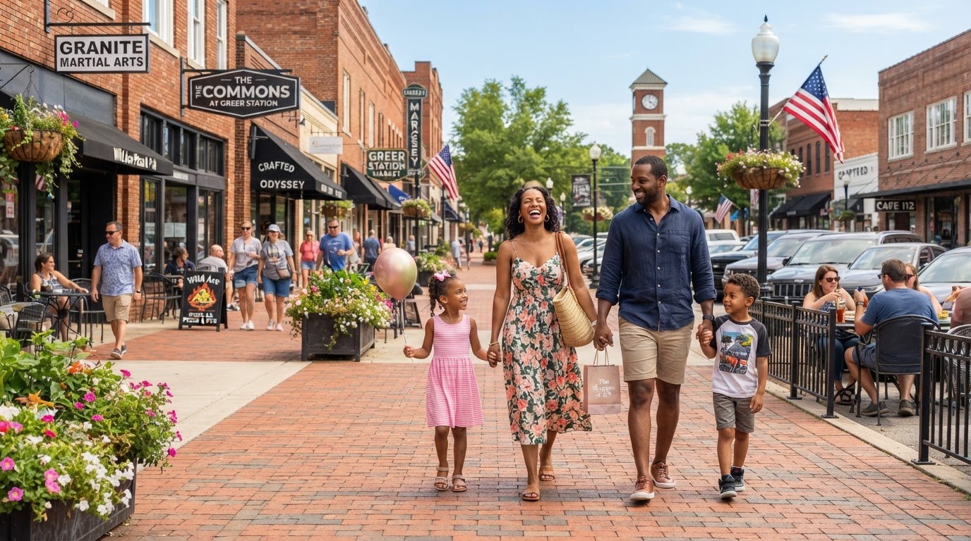 A diverse family walking through Greer SC downtown Main Street with shops and cafes on a sunny day