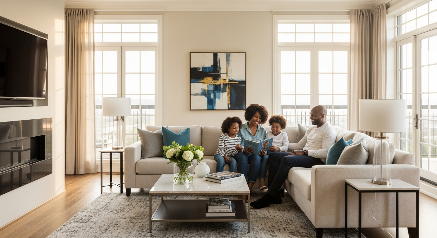 African American family relaxing in luxury Charlotte Metro home