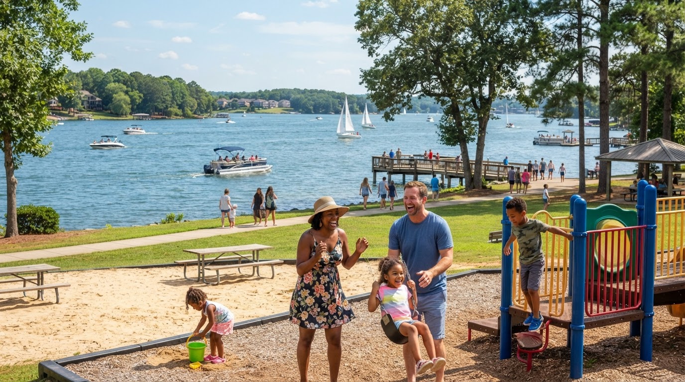 A diverse family enjoying a sunny day at a lakeside park in Cornelius NC near Lake Norman, with boats visible on the water and a playground