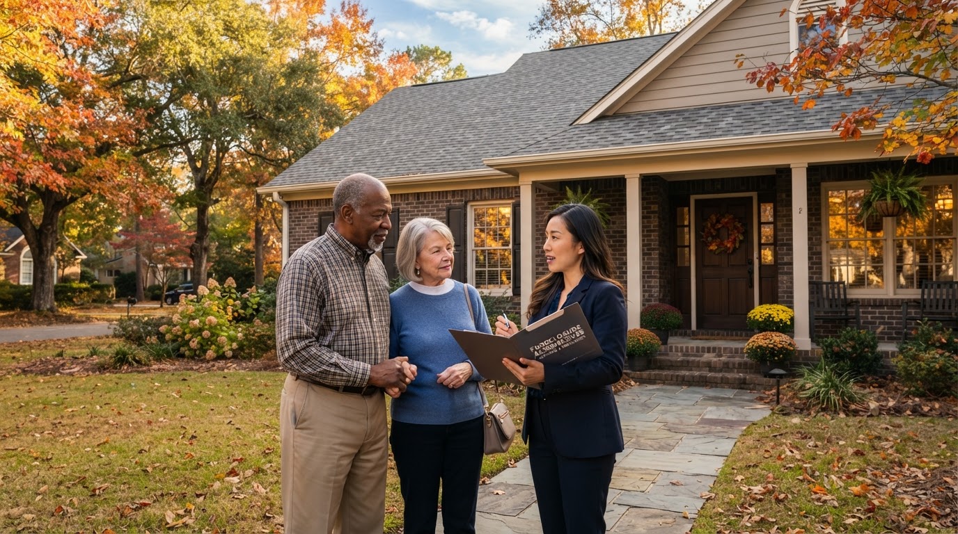 A diverse senior couple standing in front of their South Carolina suburban home discussing foreclosure alternatives with a real estate agent