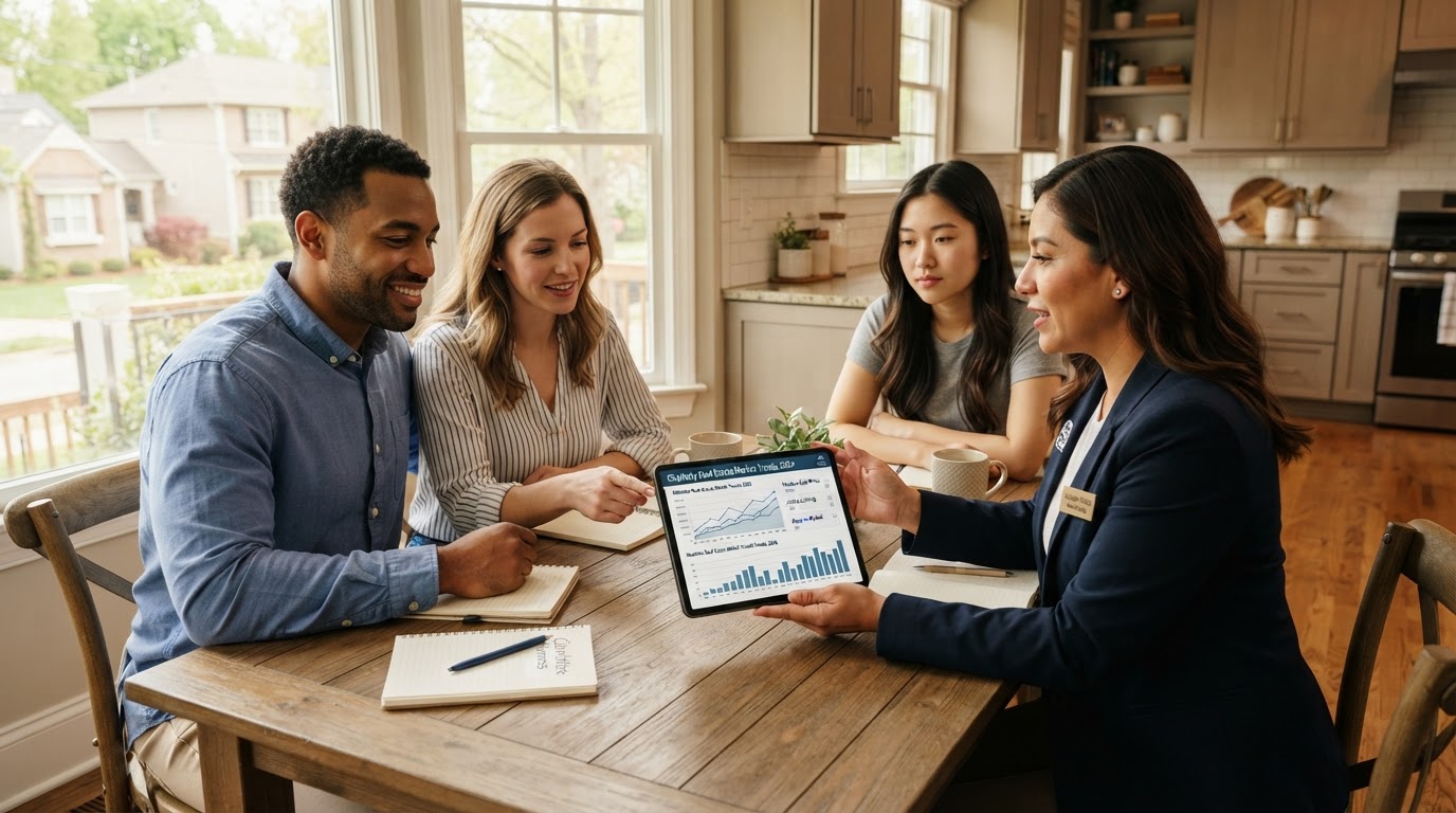 A diverse group of homebuyers and a real estate agent reviewing market trend charts on a tablet at a kitchen table