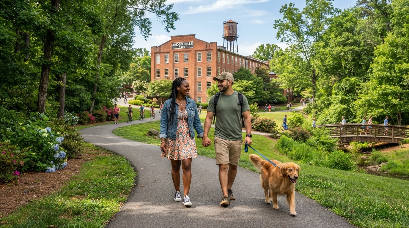A diverse couple with a dog walking through a green park in Huntersville NC, with a historic mill building and walking trails visible