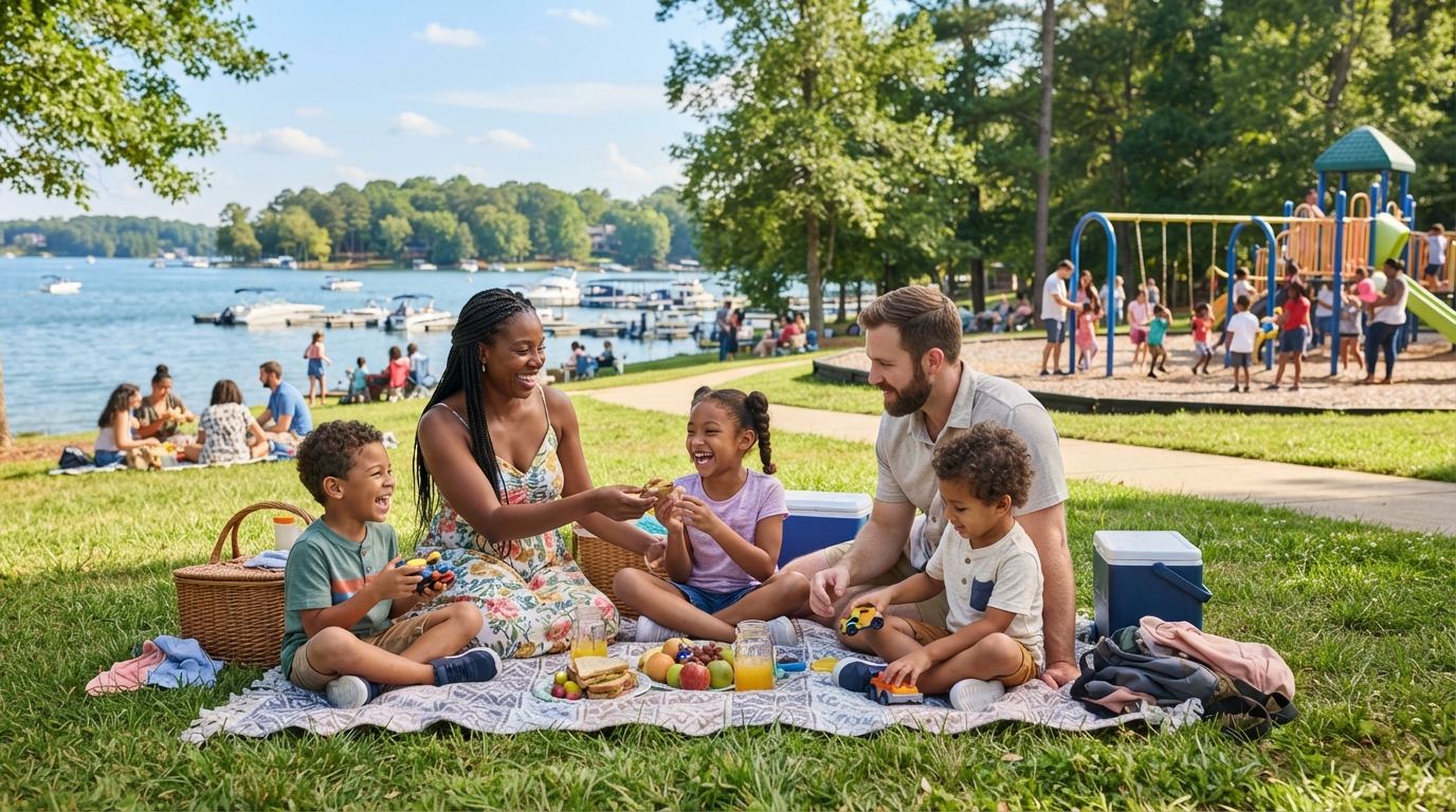 A diverse family with children enjoying a sunny day at a Huntersville NC lakefront park near Lake Norman